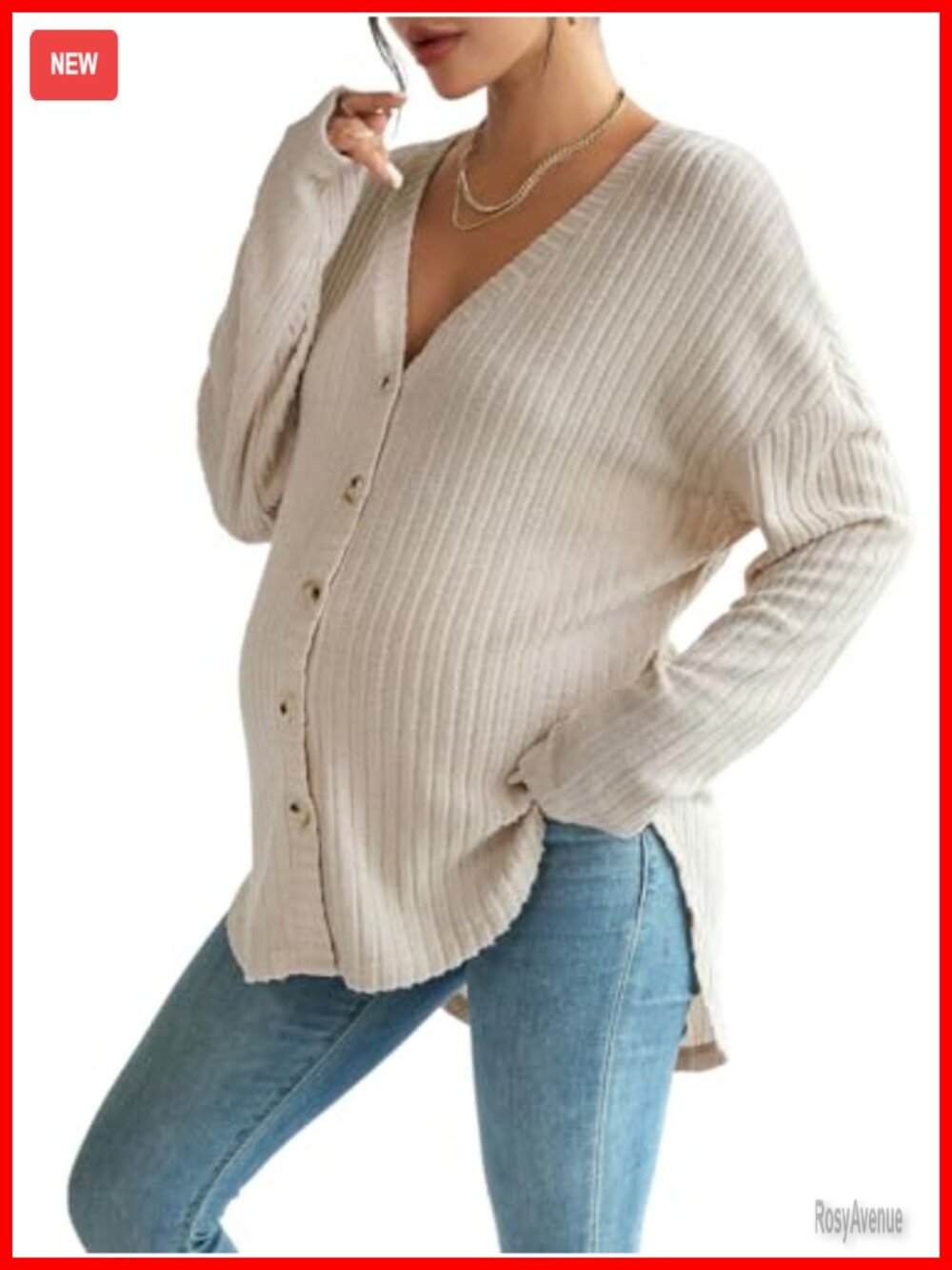 Maternity Button Down Shirt Ribbed Knit Cardigan V-Neck Drop Shoulder